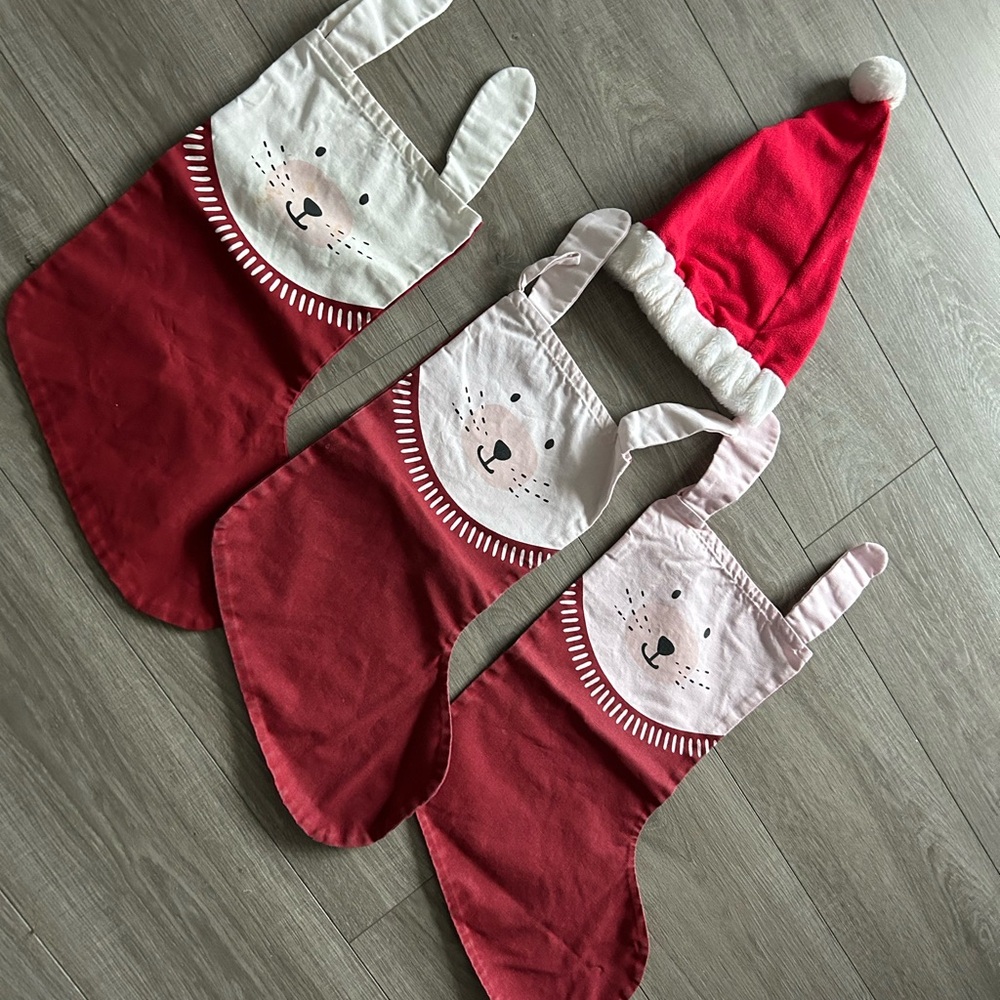 H&M Red & White Christmas Stockings (Set of 3) + Santa Hat